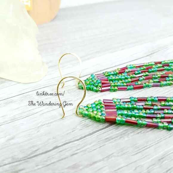 Boho Chic Beaded Fringe Cascade Shoulder Duster Dangle Earrings, 3.5" - Picture 5 of 7